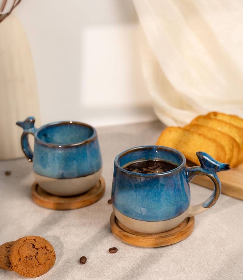 Coastal Finch Handcrafted Ceramic Coffee Mug Set Blue | Bird-Sculpted Handle, Ocean-Blue Glaze, Natural Stoneware Base