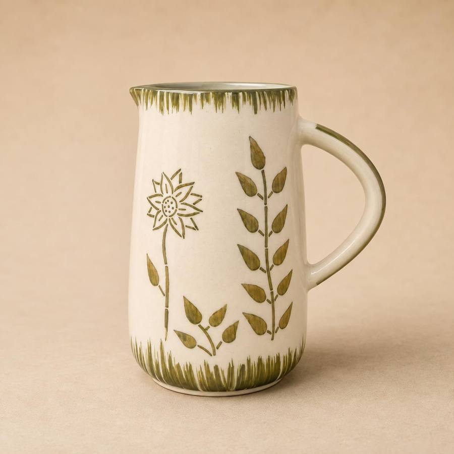 Handmade & Hand-Painted Ceramic Water Jug, 1 Litre | Microwave & Dishwasher Safe Ceramic Pitcher for Water, Milk & Juices