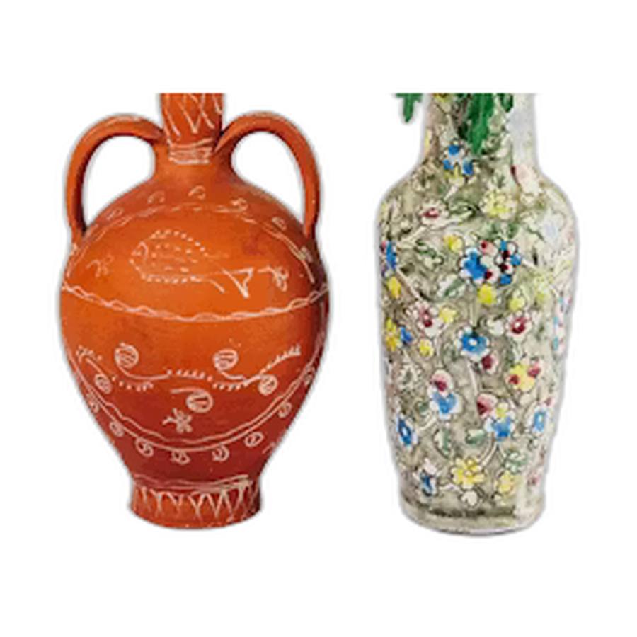 Handcrafted Ceramic Vase Set, Terracotta and Floral Embossed | Minimalist Design, Table Centrepiece, Natural Wood