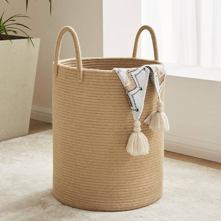 Large Jute Cotton Rope Laundry Hamper with Handles, Durable Clothes Basket for Bedroom, Bathroom, Baby Nursery, Laundry