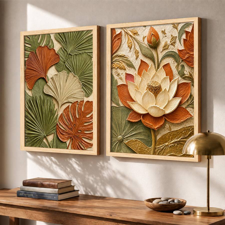 Paintingmantra Abstract 3D Textured Embossed Tropical Leaf & Lotus Painting Set of 2 for Living Room, Terracotta &