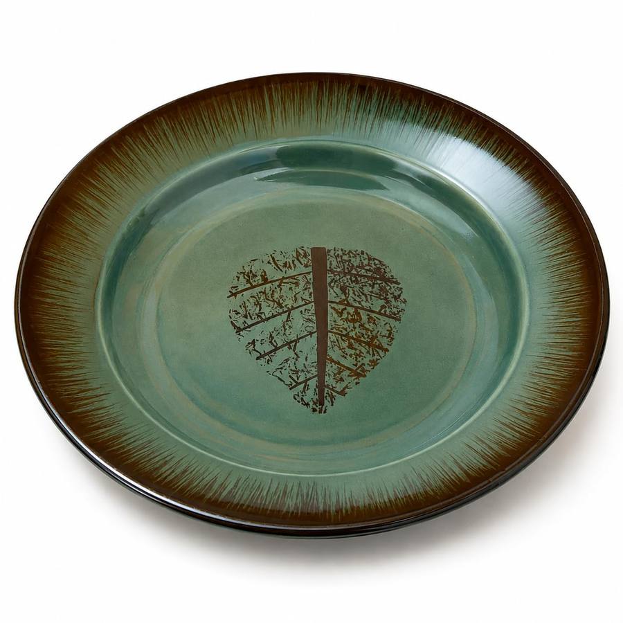 Handmade Ceramic Leaf Serving Platter Green Brown 22.86 cm | Charger Plate, Reactive Glaze Finish, Leaf Motif Design