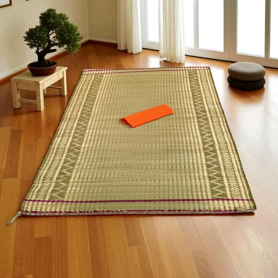 Handwoven Madurkathi Grass Mat 45x74 inch | Eco-Friendly Large Floor Mat with Ethnic Border | Natural Carpet for Living