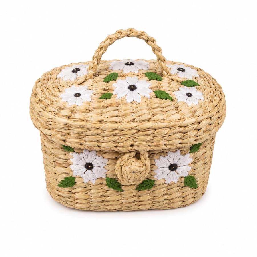 CraftsCreation Kauna Grass Makeup Box with Floral Embroidery | Natural Woven with Lid, Vanity Organiser, 22.86 x 10.16
